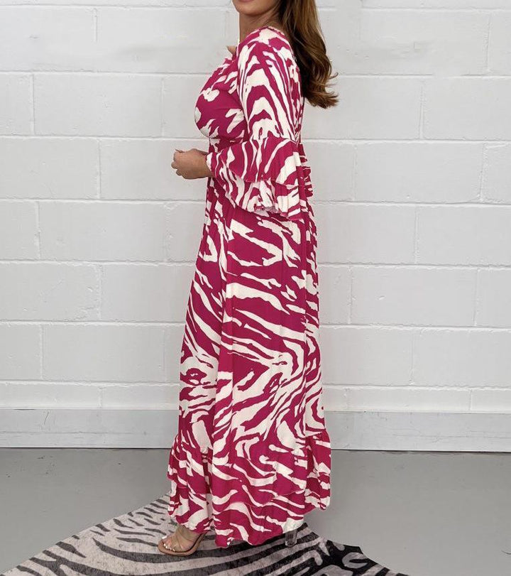 Damen Maxikleid mit V-Ausschnitt und weitem Rock Drune