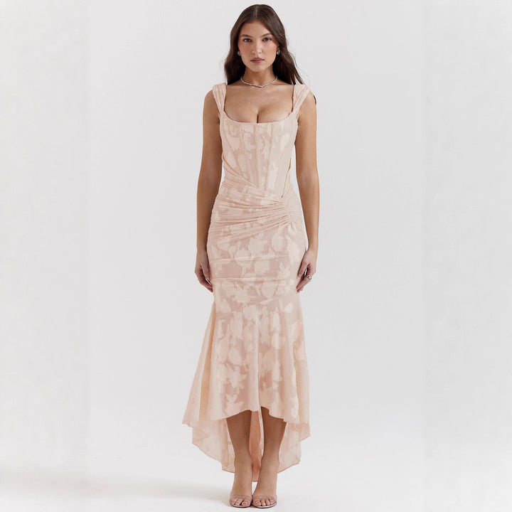 Damen Elegantes Bateau Maxikleid mit Floraltextur und asymmetrischem Saum Drune