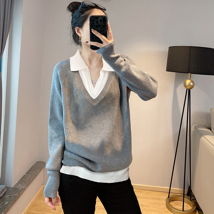 Damen V-Ausschnitt Pullover im Layering-Stil mit kragen Drune
