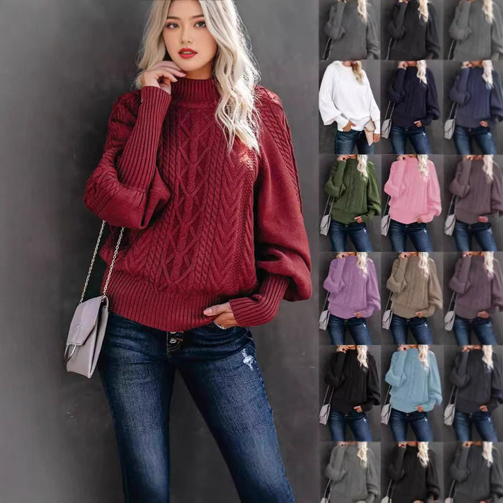 Damen Strickpullover mit hohem Kragen und volumetrischen Ärmeln Drune