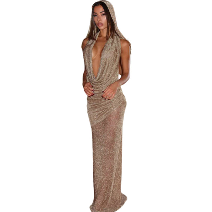 Damen Elegantes Maxikleid mit tiefem Pracht-Ausschnitt und durchscheinendem Stoff Drune