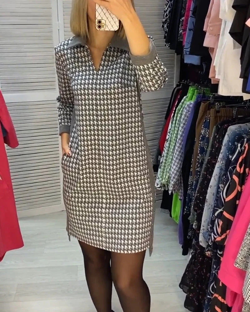 Damen nan Hahnentritt-Strickkleid mit umgelegtem Kragen, V-Ausschnitt, Eingrifftaschen und seitlichen Schlitzen Drune