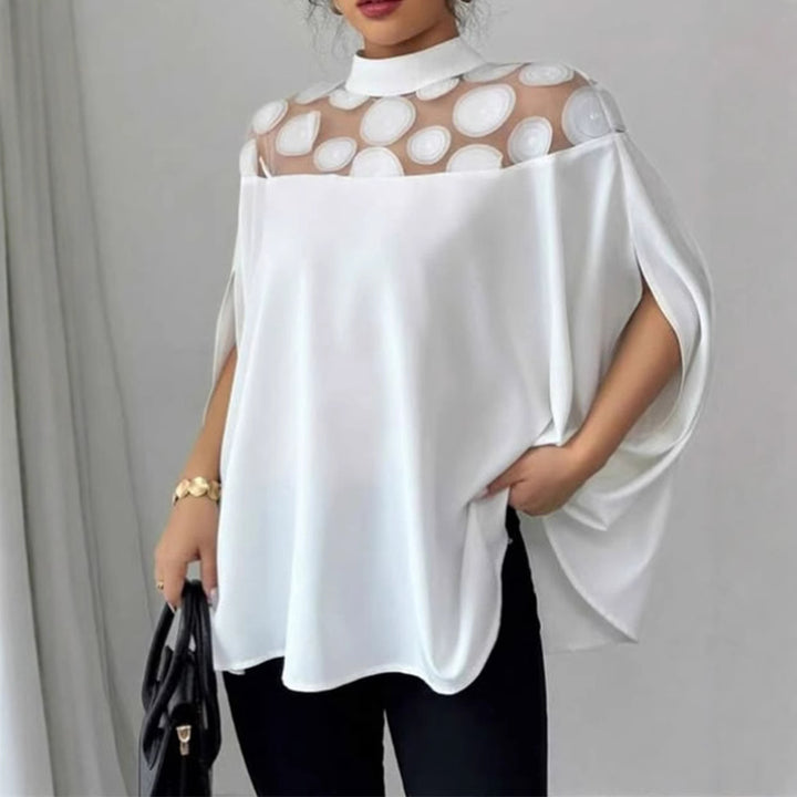 Damen nan elegante Tunika-Bluse mit Stehkragen, transparenter Rund-Applikationspasse und Cape-Ärmeln Drune