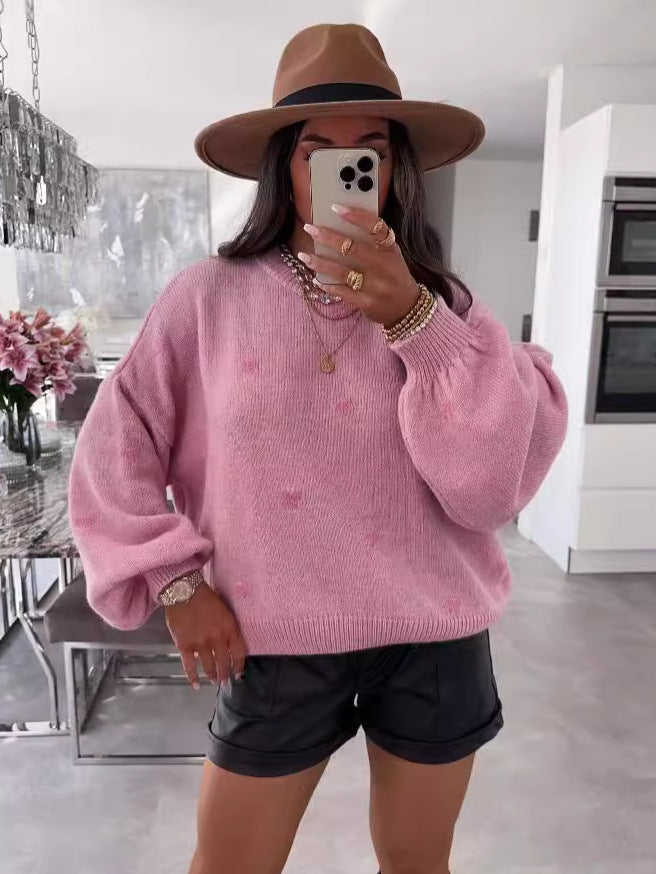 Damen lässiger Strickpullover mit herzförmigen Mustern und angeschnittenen Ärmeln Drune