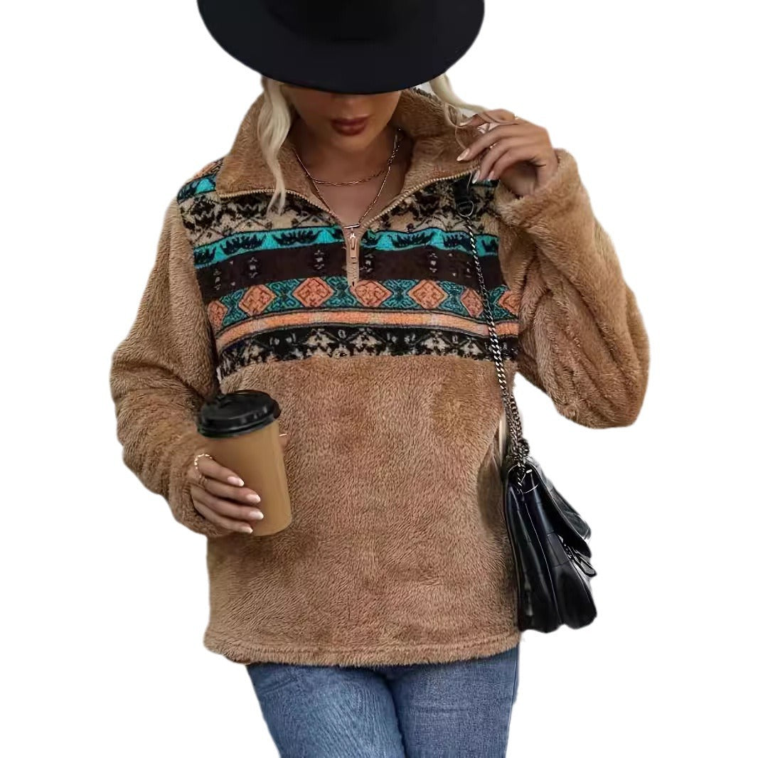 Damen Fleece-Pullover mit modischem Reißverschluss und buntem Muster Drune