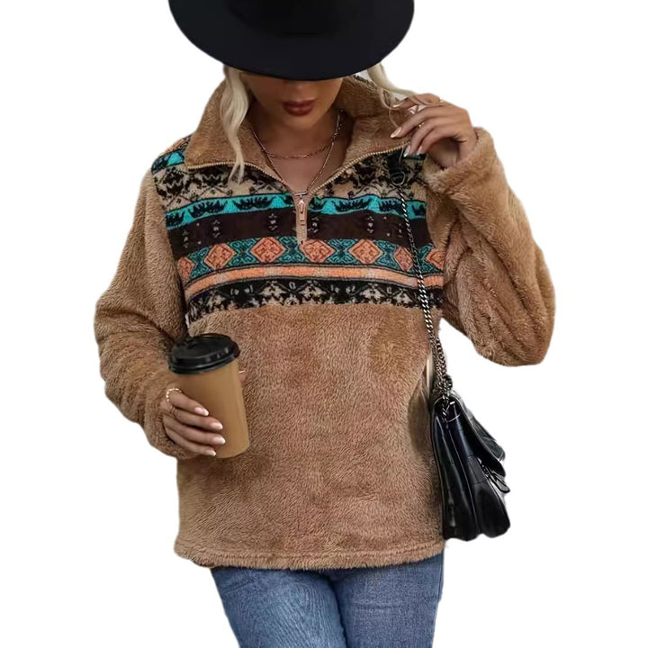 Damen Fleece-Pullover mit modischem Reißverschluss und buntem Muster Drune