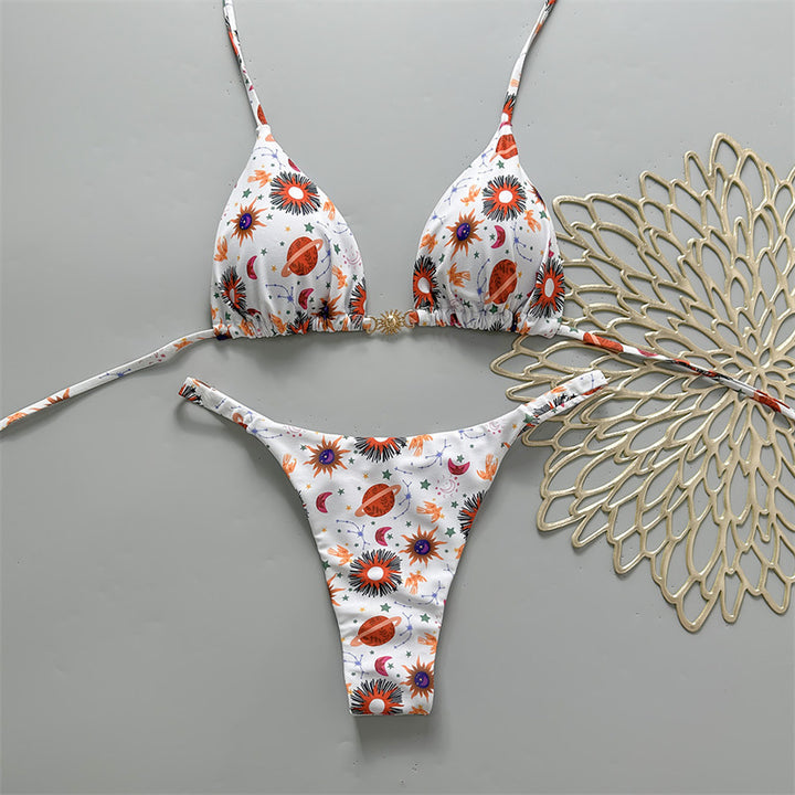 Damen Triangel-Bikini mit floralem Muster und eleganter Goldschließe Drune
