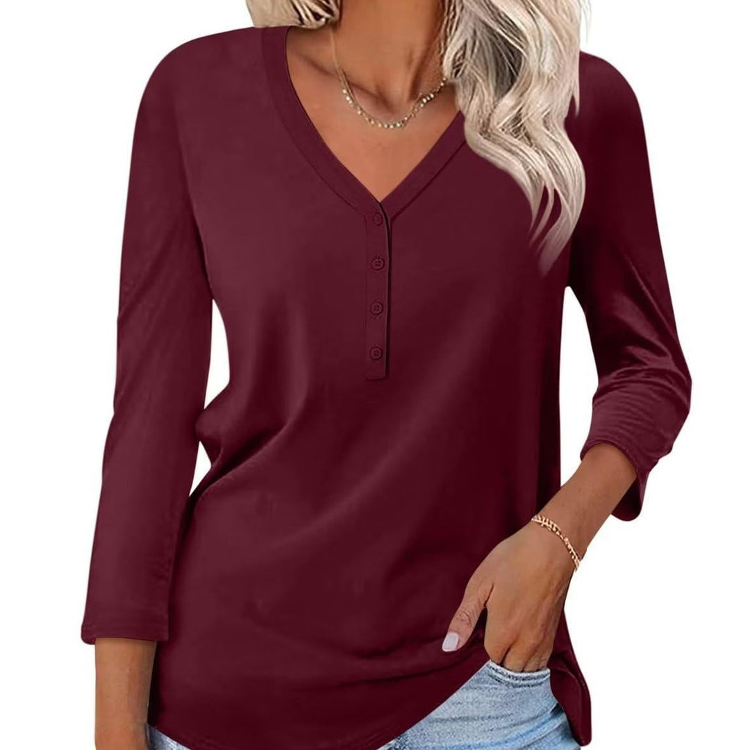 Damen Langarmshirt mit Knopfleiste und V-Ausschnitt Drune