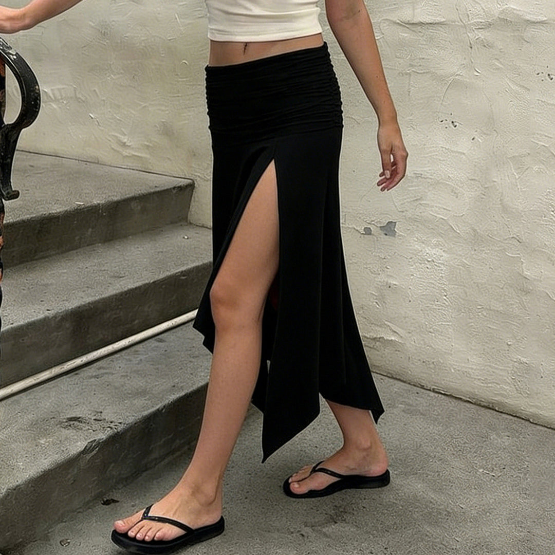 Damen asymmetrischer Wickelrock mit Raffungen Drune