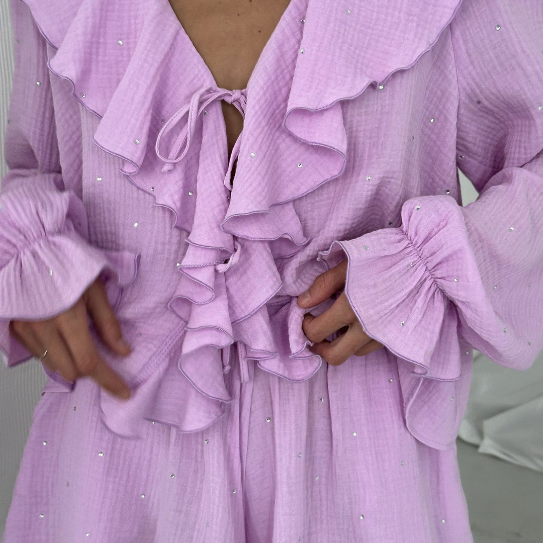 Damen Bluse mit voluminösen Rüschen und Glitzerdetails Drune