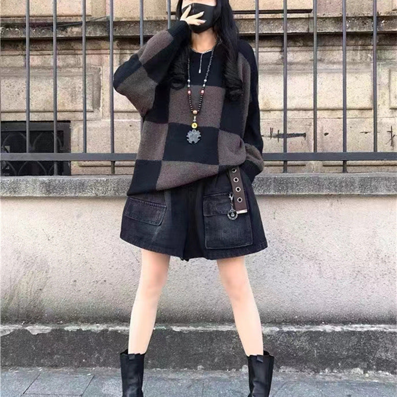 Damen lässiger Grobstrickpullover im modernen Karo-Design Drune