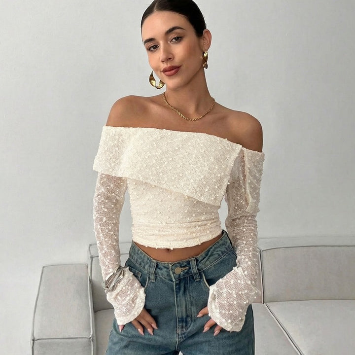 Damen Off-Shoulder Oberteil mit eleganten Rüschendetails und langen Ärmeln Drune
