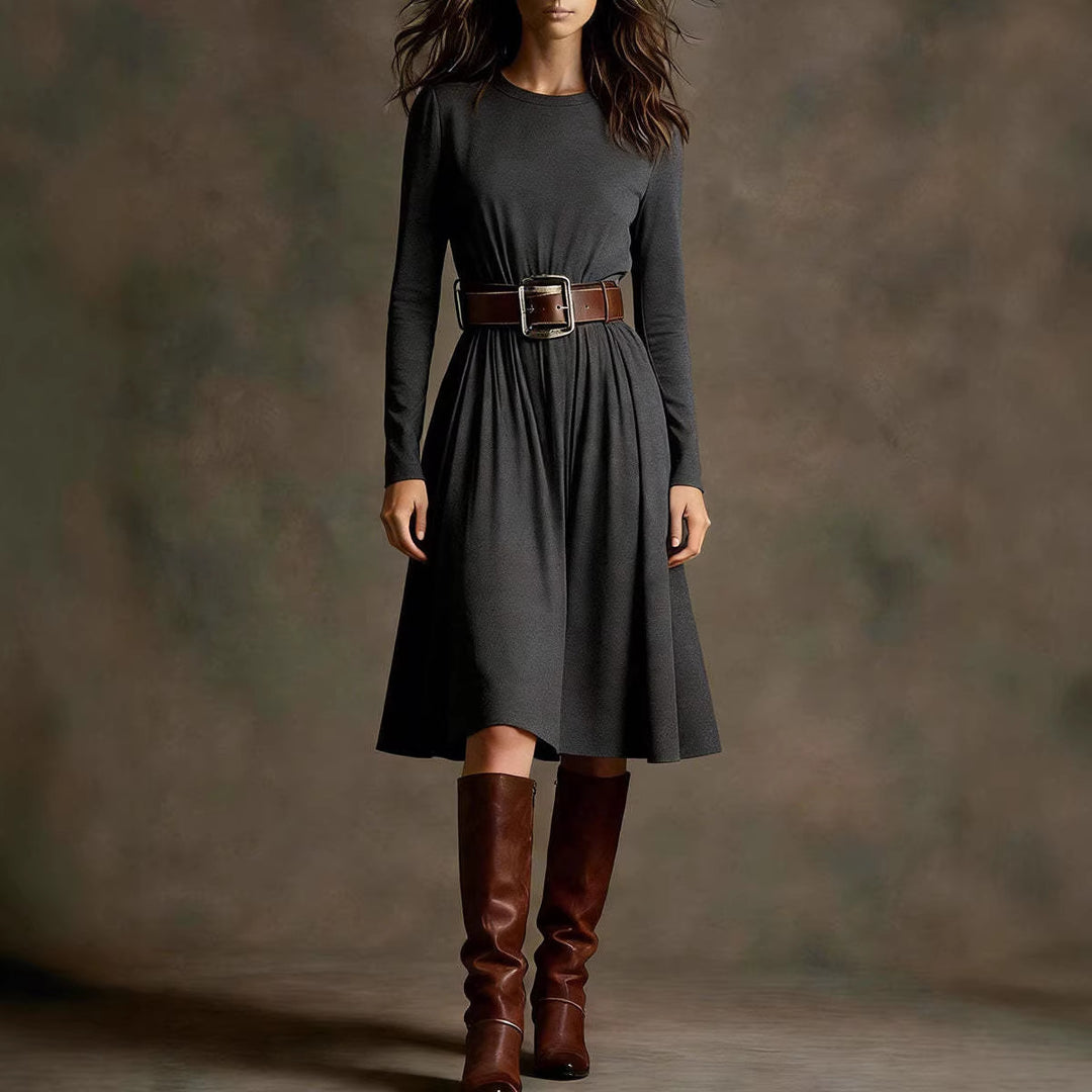 Damen Elegantes Kleid mit langem Arm und Taillengürtel Drune