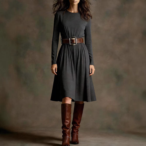 Damen Elegantes Kleid mit langem Arm und Taillengürtel Drune