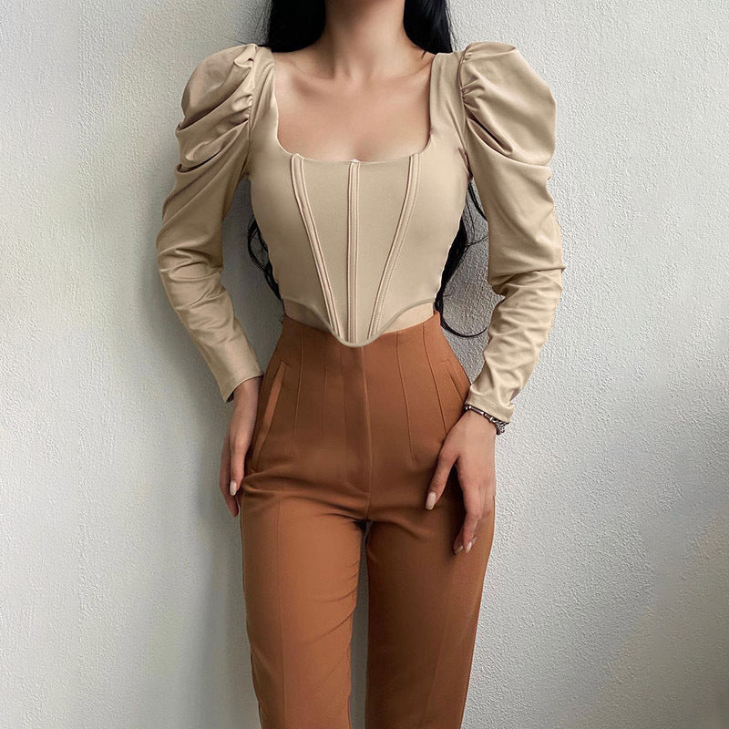Damen tailliertes Oberteil mit eleganten Puffärmeln und quadratischem Ausschnitt Drune
