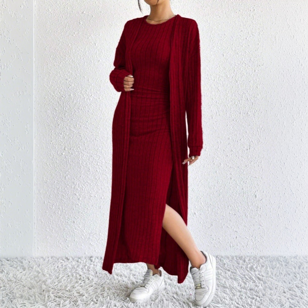 Damen Strickkleid mit langem Cardigan und seitlichem Schlitz Drune