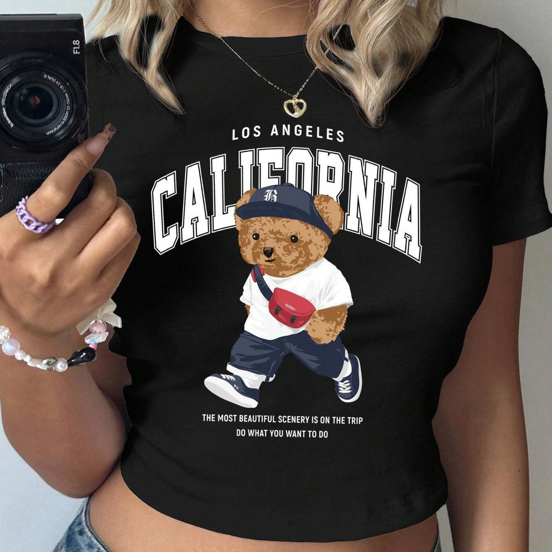 Damen Crop-T-Shirt mit verspieltem Bärenmotiv und modischem Schriftzug Drune
