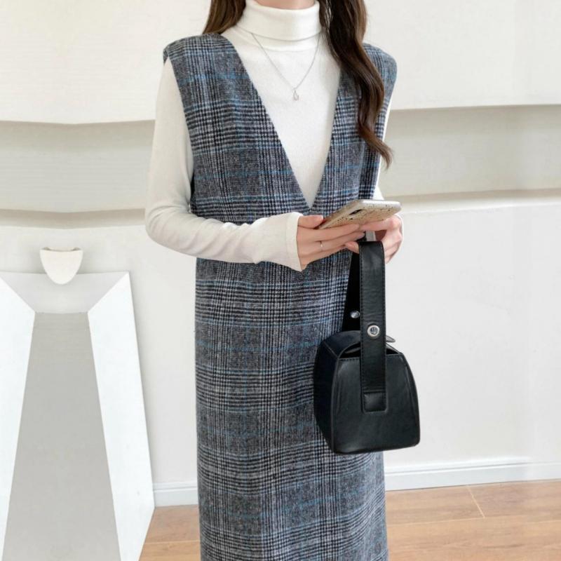 Damen Maxikleid im modernen Karomuster und elegantem V-Ausschnitt Drune
