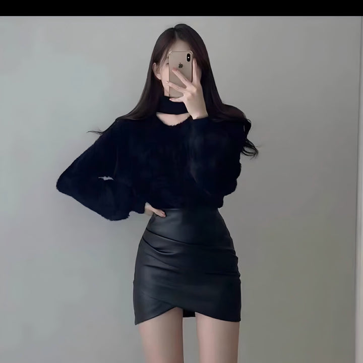 Damen kuscheliger V-Ausschnitt Pullover mit hohem Kragen Drune