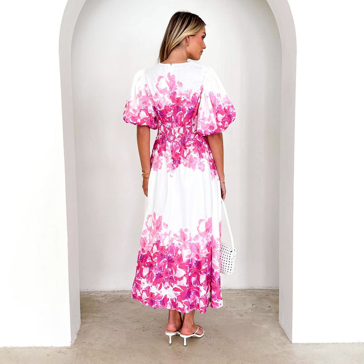 DamenMaxikleid mit voluminösen Puffärmeln und fließendem Schnitt Drune