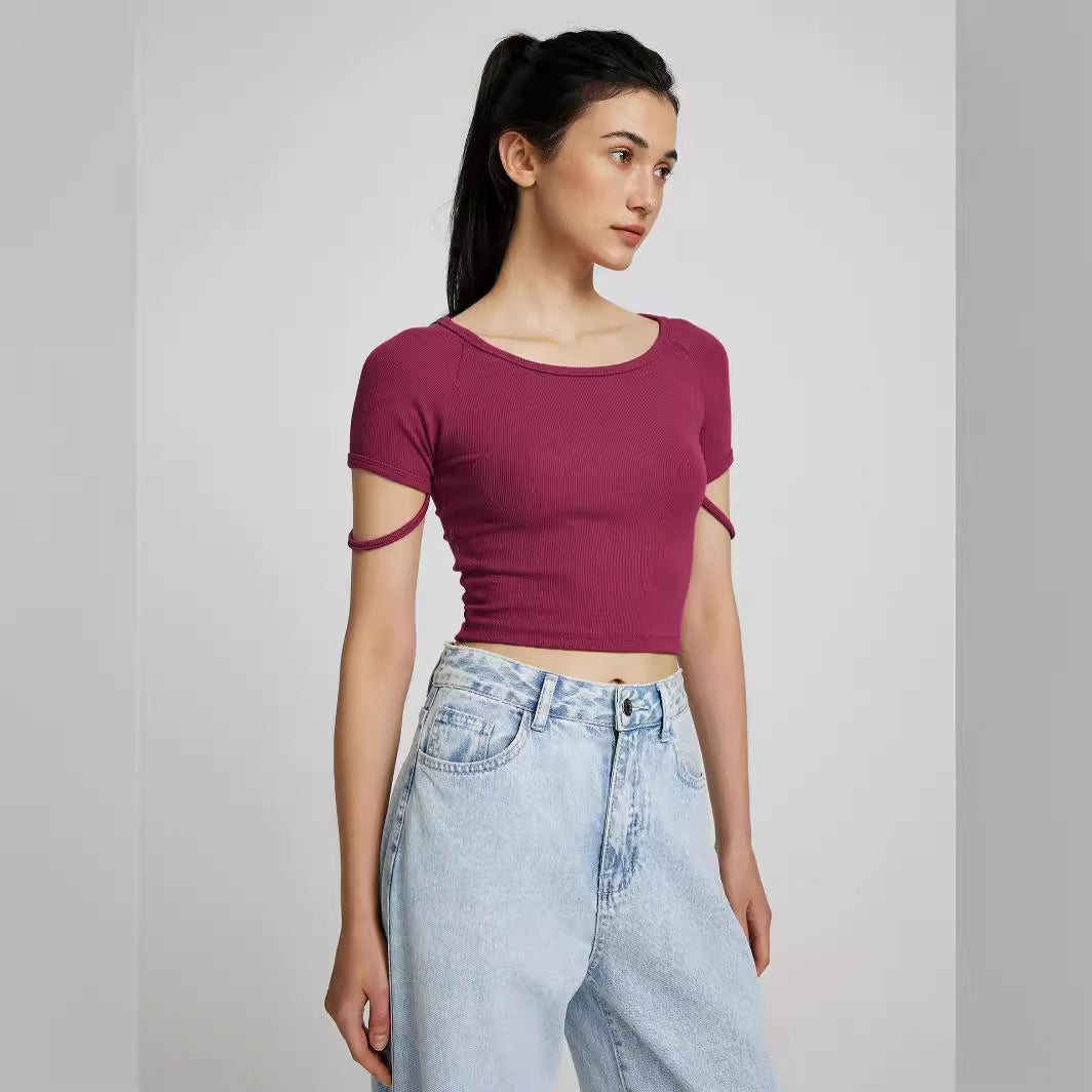 Damen kurzärmliges enganliegendes Crop-Top mit Rundhalsausschnitt Drune