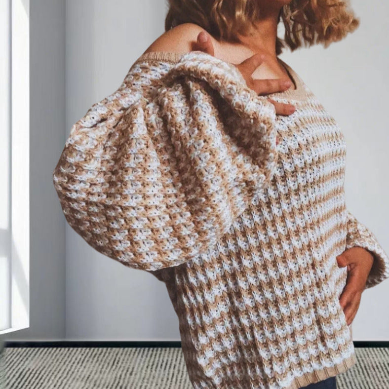 Damen Oversized Strickpullover mit off-Shoulder Design und modischem Rippenmuster Drune