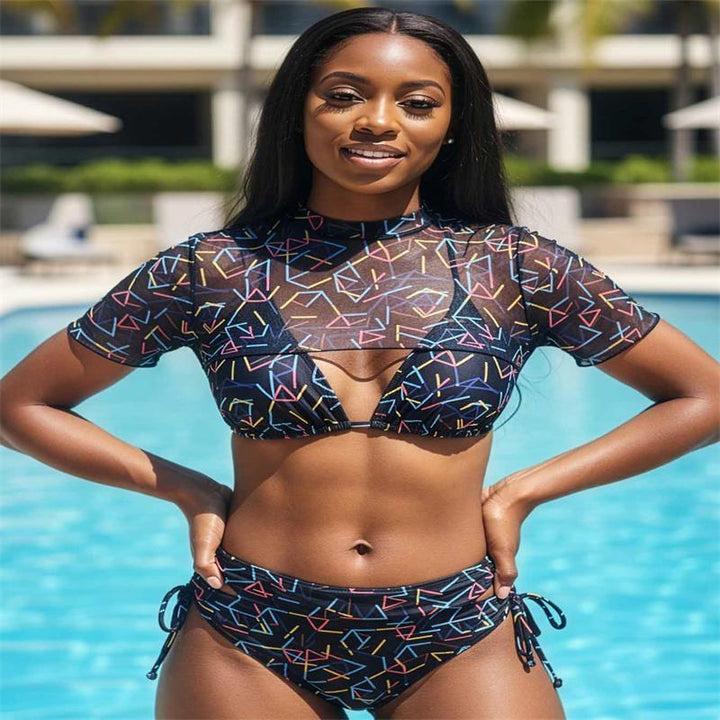 Damen Bikini-Set mit transparentem Oberteil und hohem Bund Drune