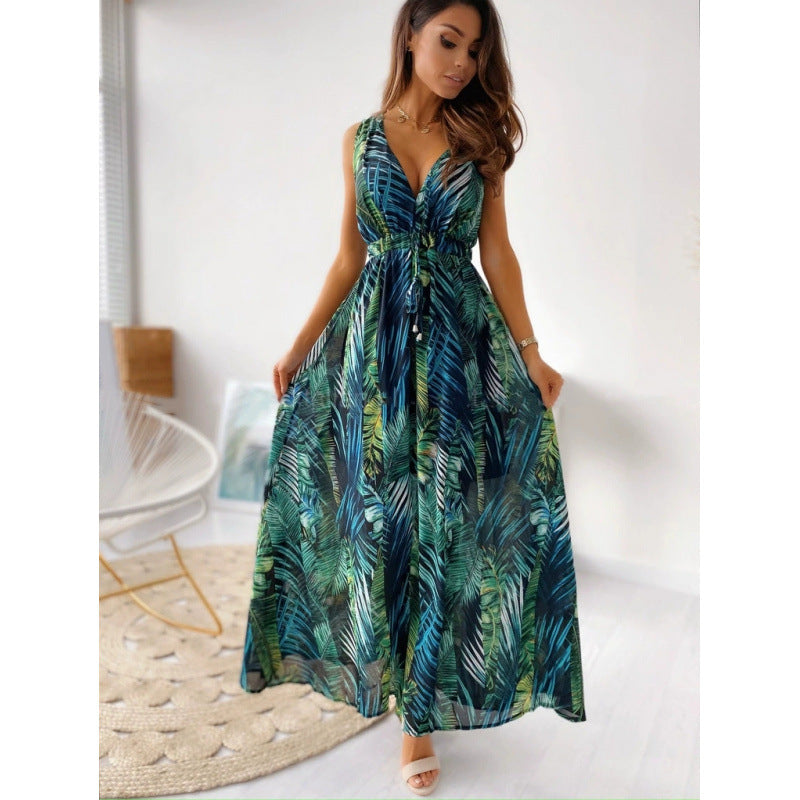Damen Maxikleid mit floralen Mustern und tailliertem Oberteil Drune