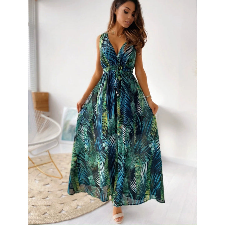 Damen Maxikleid mit floralen Mustern und tailliertem Oberteil Drune
