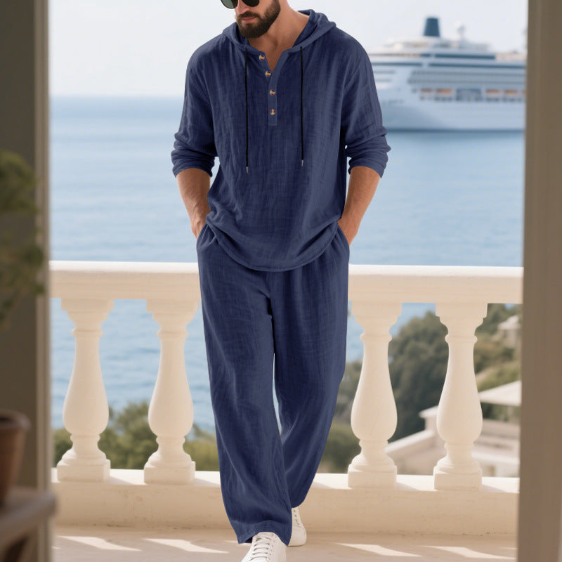 Herren nan lässiges Leinenzweiteiler-Set mit Kapuzenhemd im Henley-Stil und weiten Freizeit-Hosen Drune