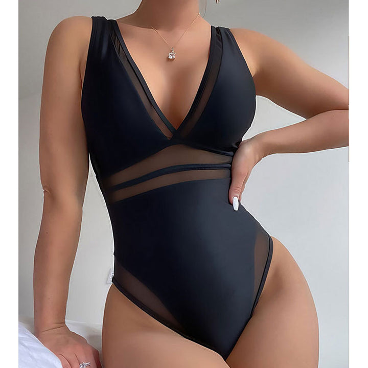 Damen Eleganter Einteiler Badeanzug mit tiefem V-Ausschnitt und transparenten Einsätzen Drune