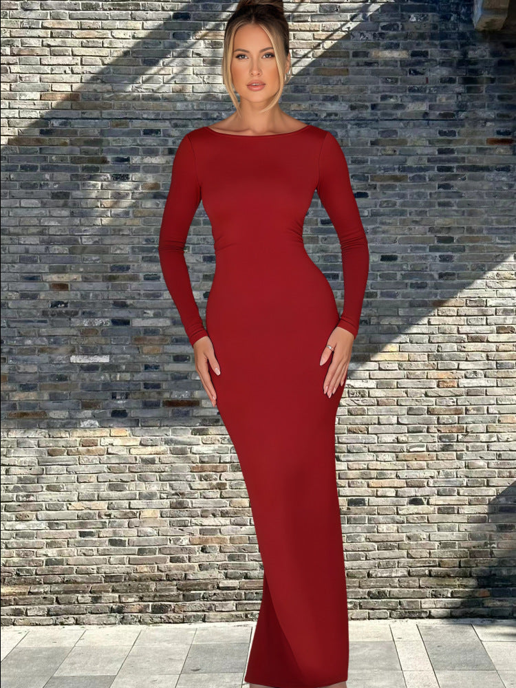 Damen Langarm-Maxikleid mit figurbetonter Silhouette und elegantem Ausschnitt Drune
