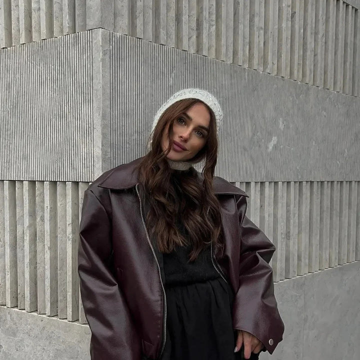 Damen Oversized Kunstlederjacke mit breitem Kragen und Reißverschluss Drune