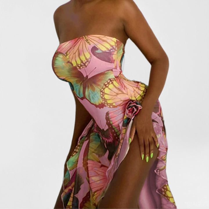 Damen Strandkleid mit asymmetrischem Schnitt und buntem Schmetterlingsdesign Drune