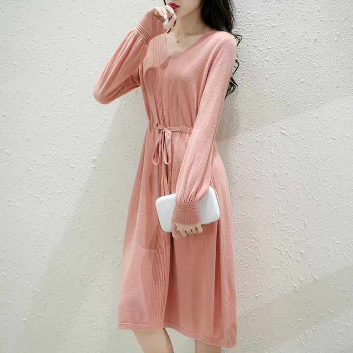 Damen Strickkleid mit V-Ausschnitt und Taillengürtel Drune