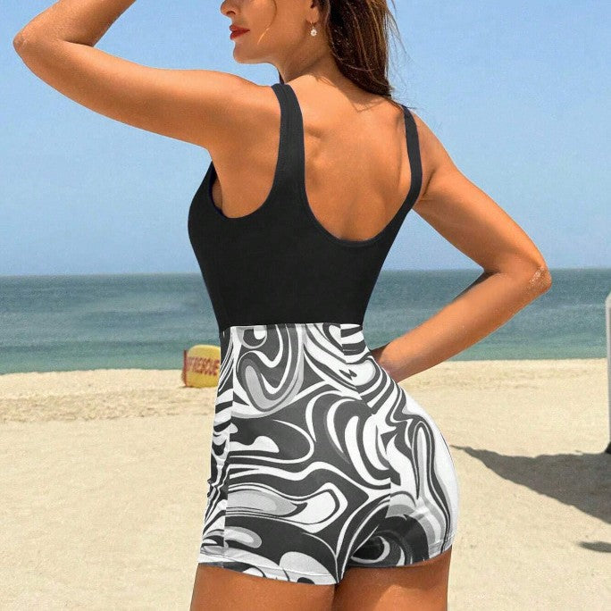 Damen Einteiler Badeanzug mit hochtaillierter Shorts und elegantem Muster Drune