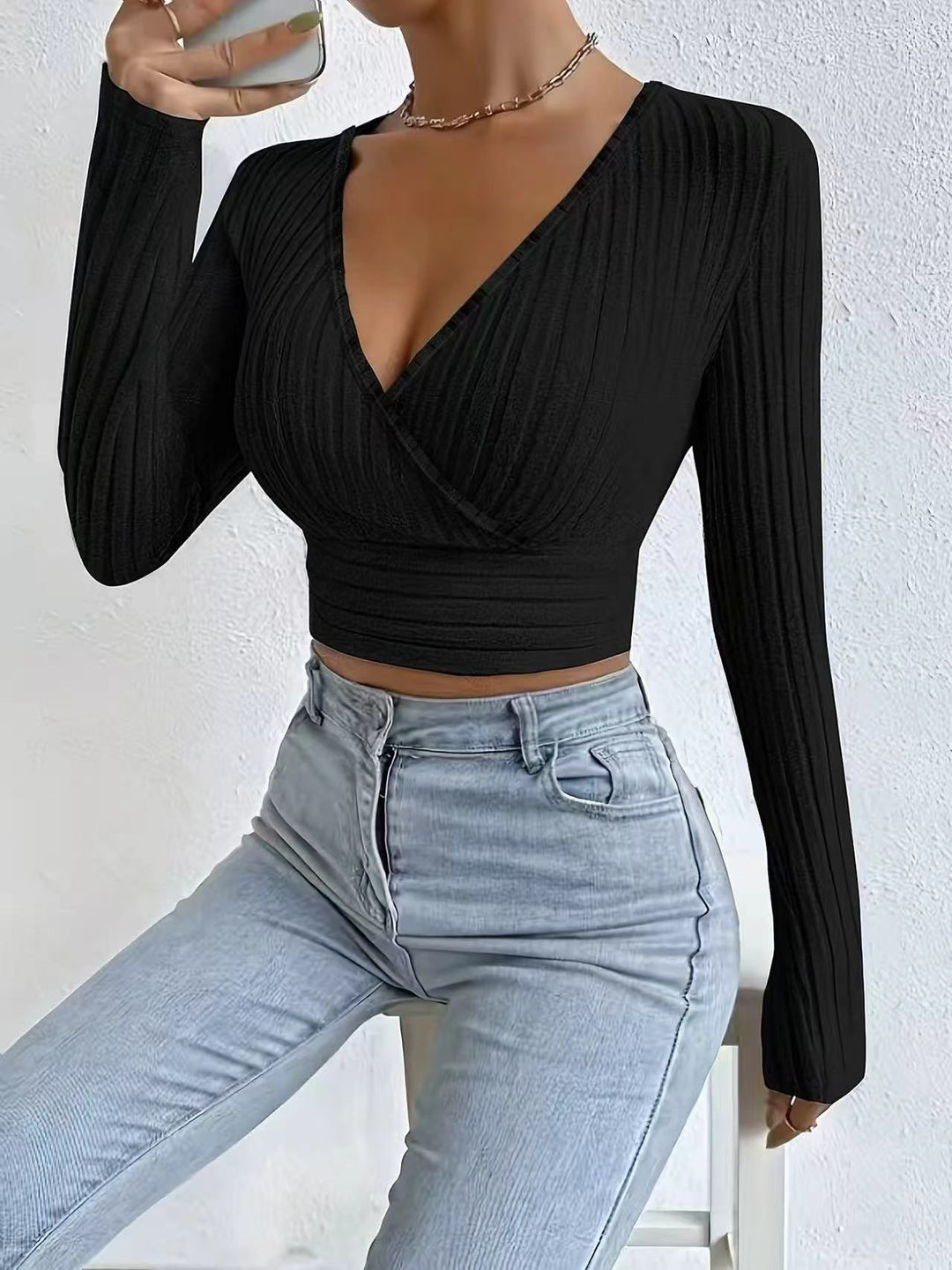 Damen Cropped Pullover mit V-Ausschnitt und raffiniertem Rippendesign Drune