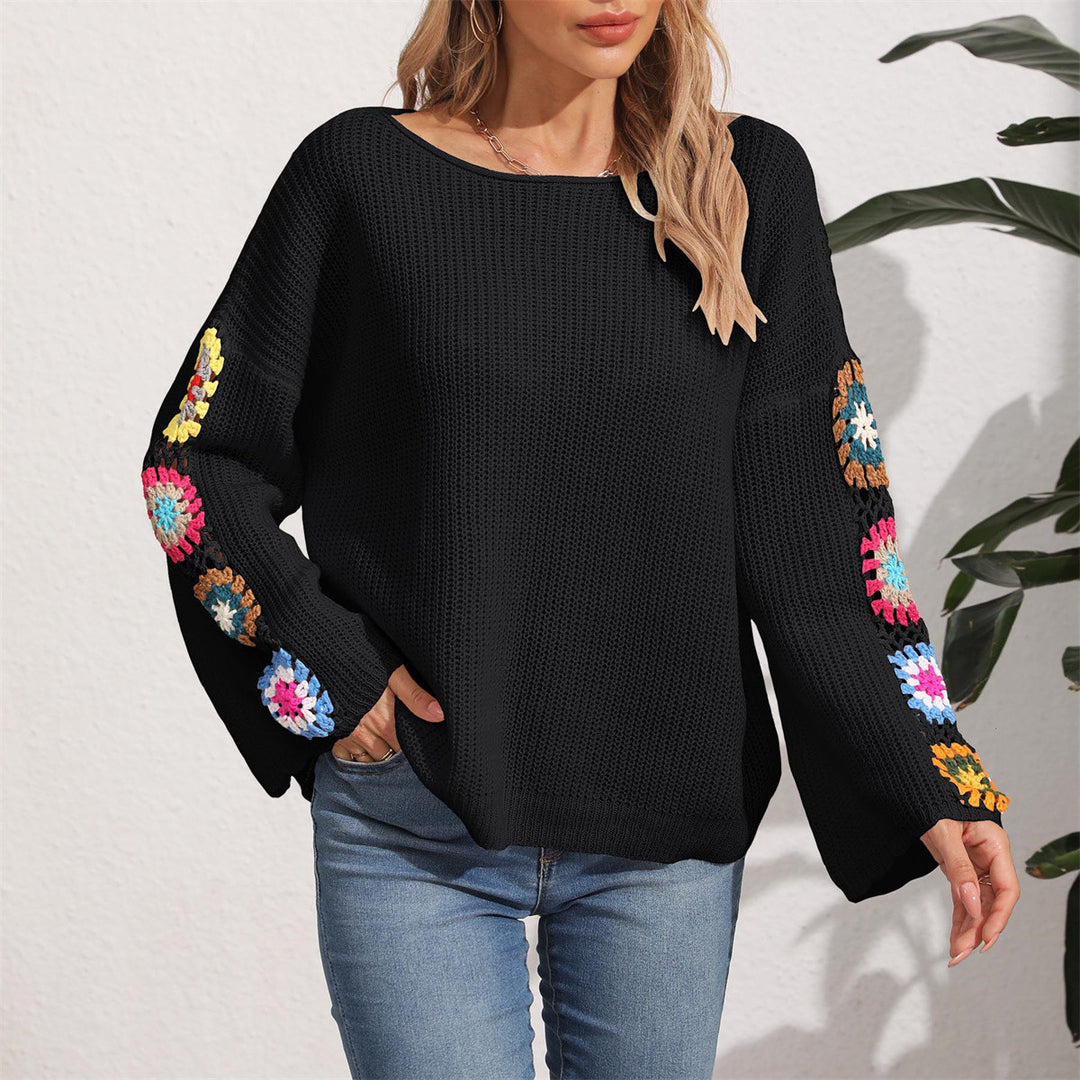 Damen eleganter Pullover mit bunten Häkelapplikationen an den Ärmeln Drune