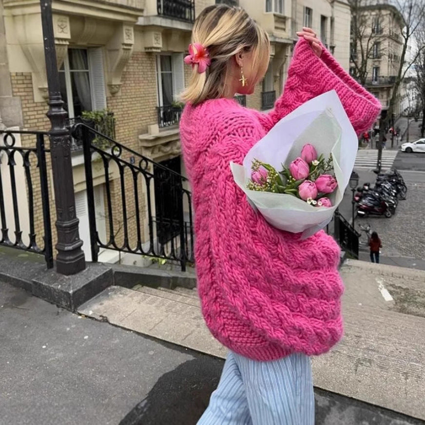 Damen oversize Strickpullover mit Zopfstrickmuster Drune