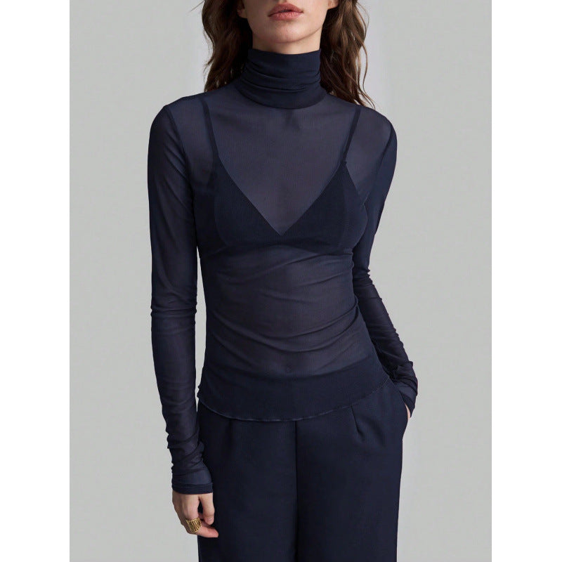 Damen Elegantes langärmliges transparentes Oberteil mit hohem Kragen Drune