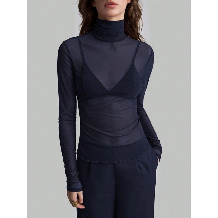 Damen Elegantes langärmliges transparentes Oberteil mit hohem Kragen Drune