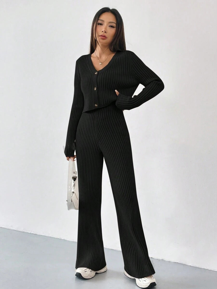 Damen Elegantes Strick-Lounge-Set mit V-Ausschnitt und hohen Bündchen Drune