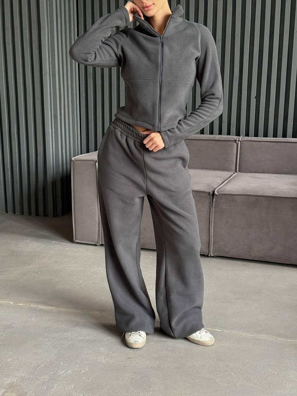 Damen Fleece-Jogginganzug mit hohem Kragen und praktischen Taschen Drune