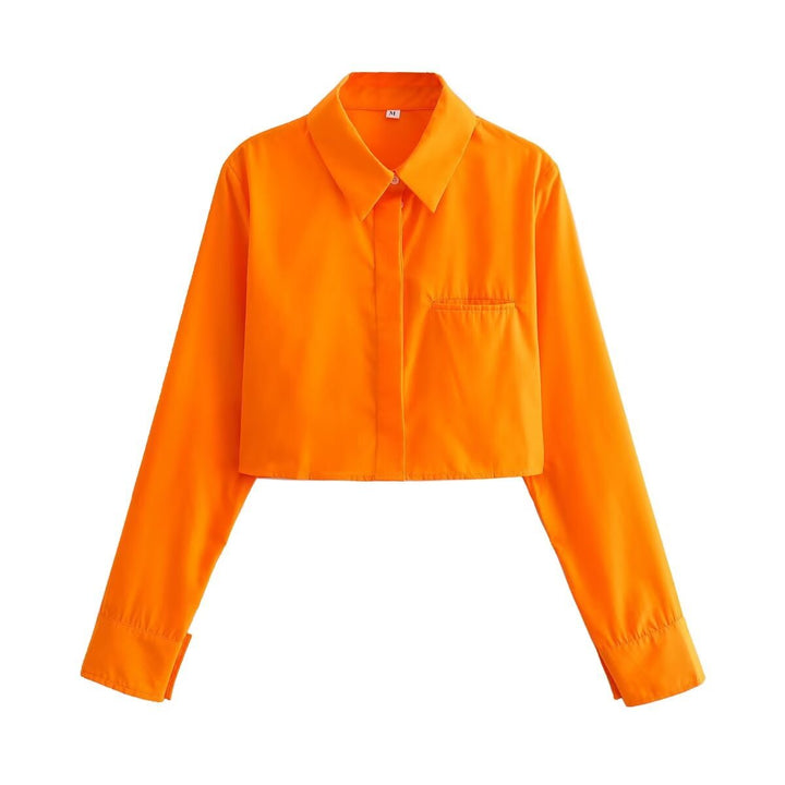 Damen cropped Bluse mit klassischem Kragen und praktischen Brusttaschen Drune