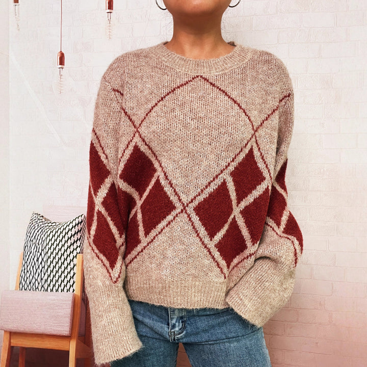 Damen Strickpullover mit modernem Karomuster Drune
