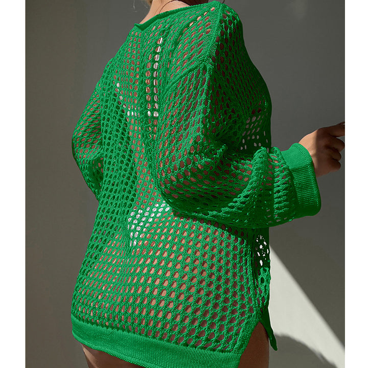 Damen luftiger Grobstrick Pullover mit weitem Schnitt und offenen Ärmeln Drune