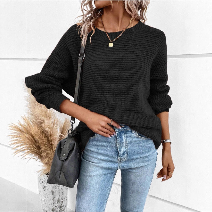 Damen lässiger Strickpullover mit kontrastierenden Texturen und V-Ausschnitt Drune