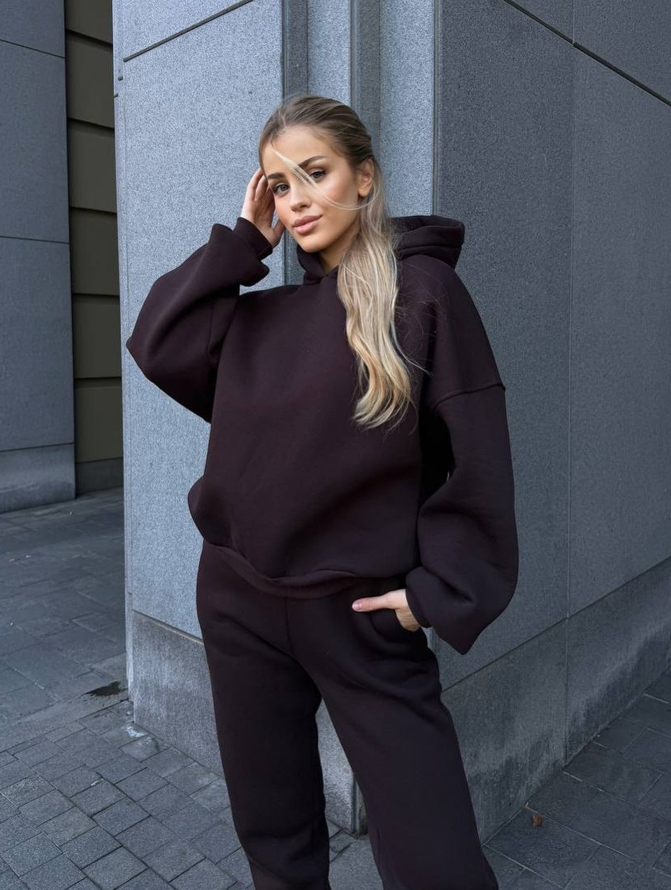 Damen Kuscheliges Freizeit-Loungewear-Set mit Kapuze und weitem Schnitt Drune