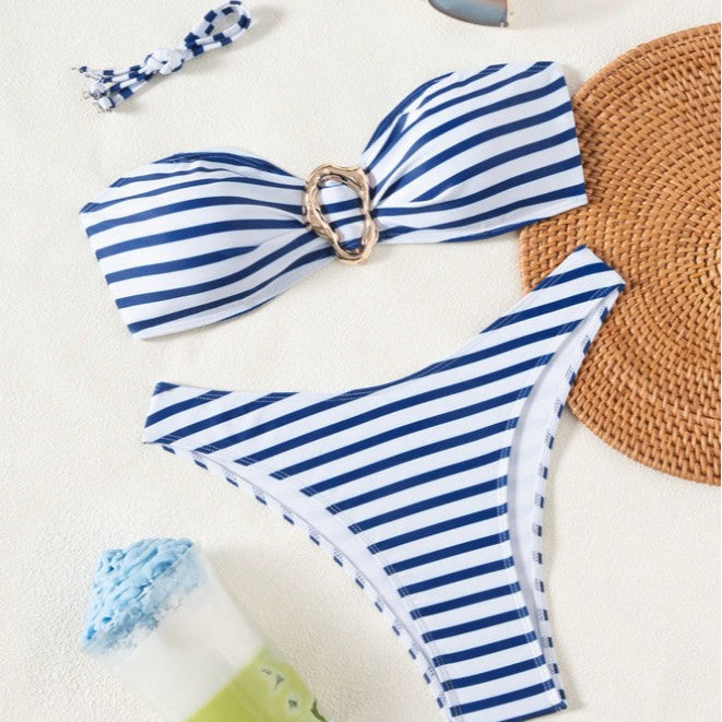 Damen Bandeau-Bikini mit modischen Streifen und elegantem Ringdetail Drune