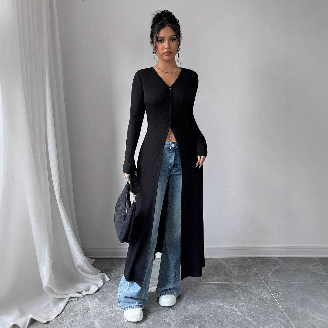 Damen Langstrickjacke mit V-Ausschnitt und Knopfverschluss Drune